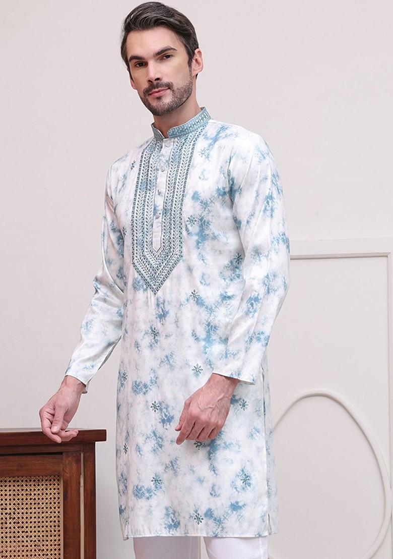 Turquoise Blue Embroidered Poly Blend Kurta For Men