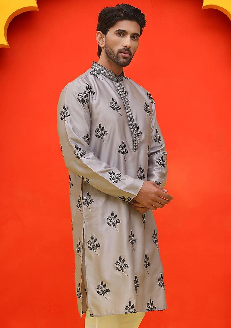 Grey Embroidered Poly Blend Kurta For Men