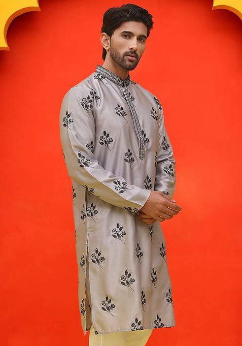 Grey Embroidered Poly Blend Kurta For Men