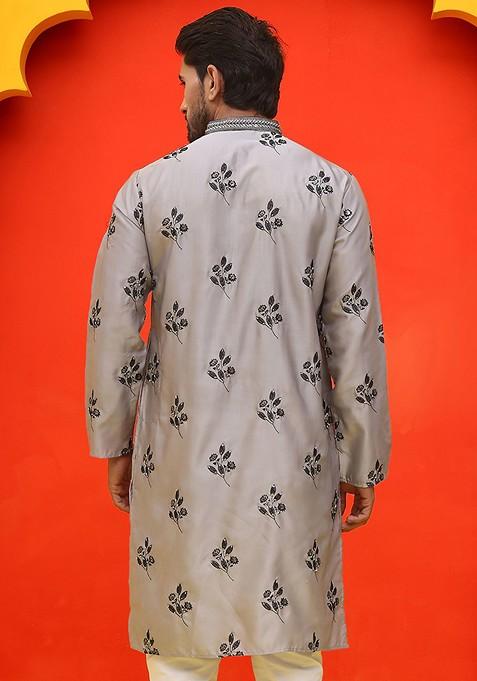 Grey Embroidered Poly Blend Kurta For Men