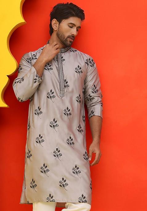 Grey Embroidered Poly Blend Kurta For Men