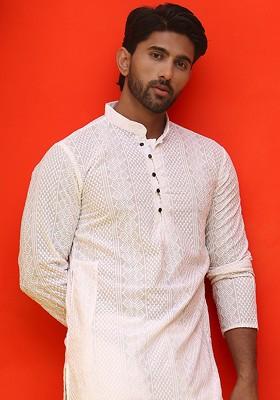 White Embroidered Poly Blend Kurta For Men