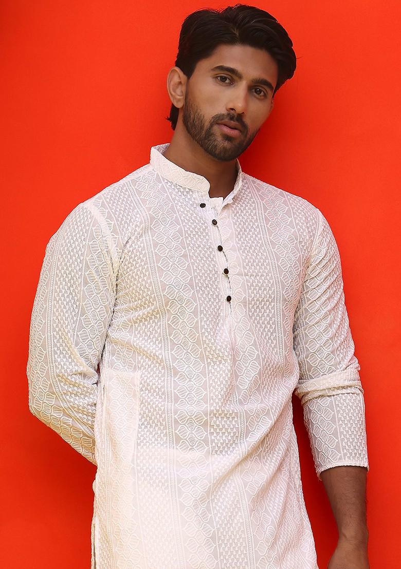 White Embroidered Poly Blend Kurta For Men