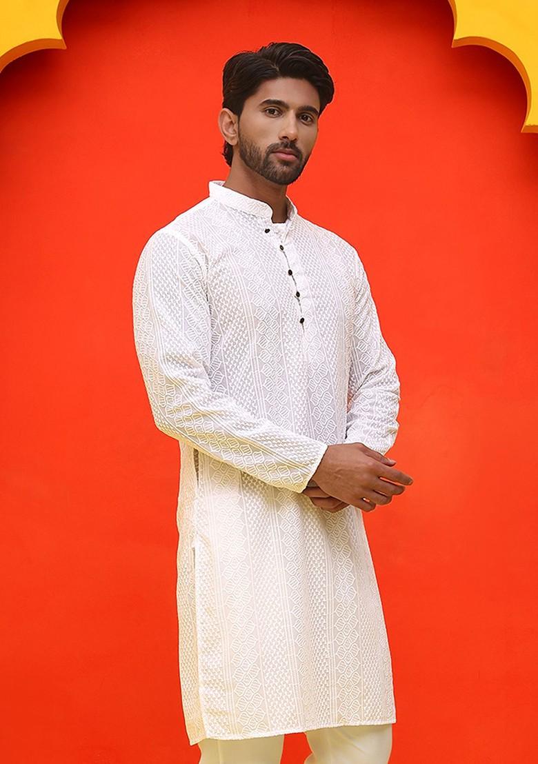 White Embroidered Poly Blend Kurta For Men