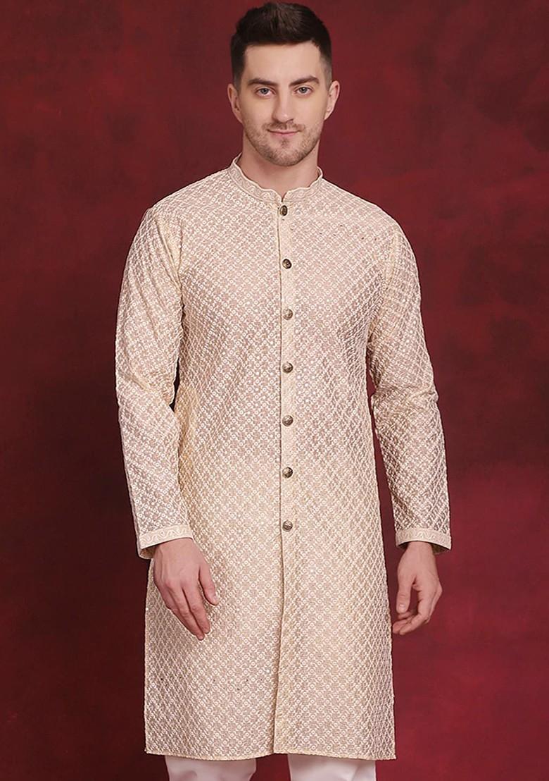 Gold Embroidered Poly Blend Kurta For Men