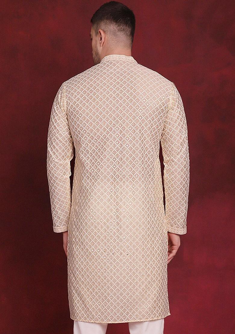 Gold Embroidered Poly Blend Kurta For Men