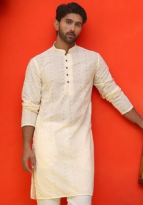 Cream Embroidered Poly Blend Kurta For Men