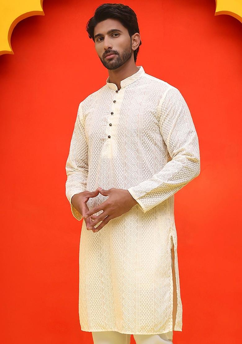 Cream Embroidered Poly Blend Kurta For Men