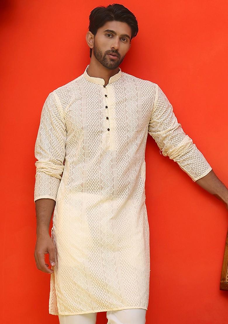 Cream Embroidered Poly Blend Kurta For Men