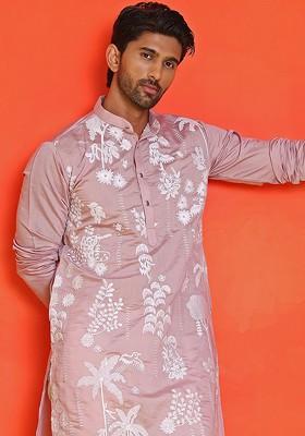Magenta Embroidered Poly Blend Kurta For Men
