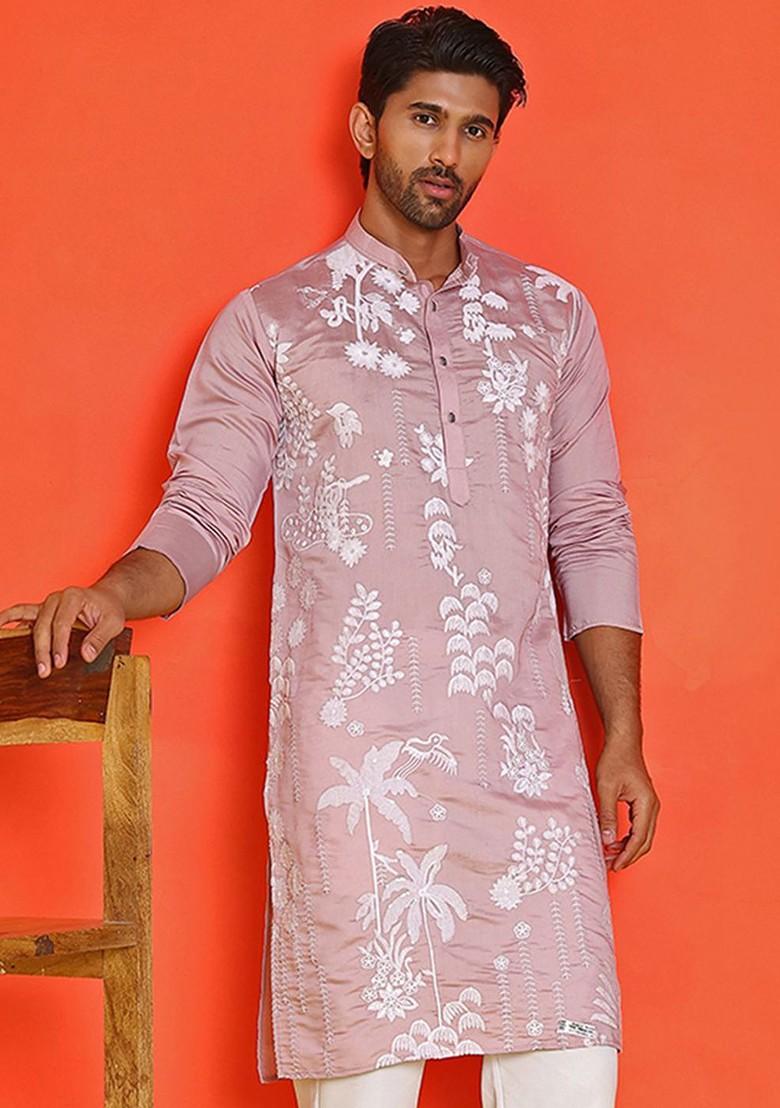 Magenta Embroidered Poly Blend Kurta For Men