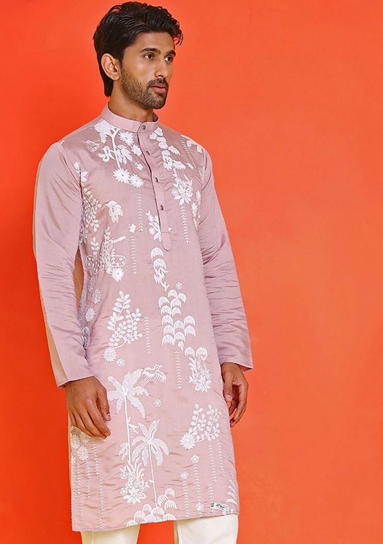 Magenta Embroidered Poly Blend Kurta For Men