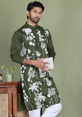 Olive Embroidered Poly Blend Kurta For Men