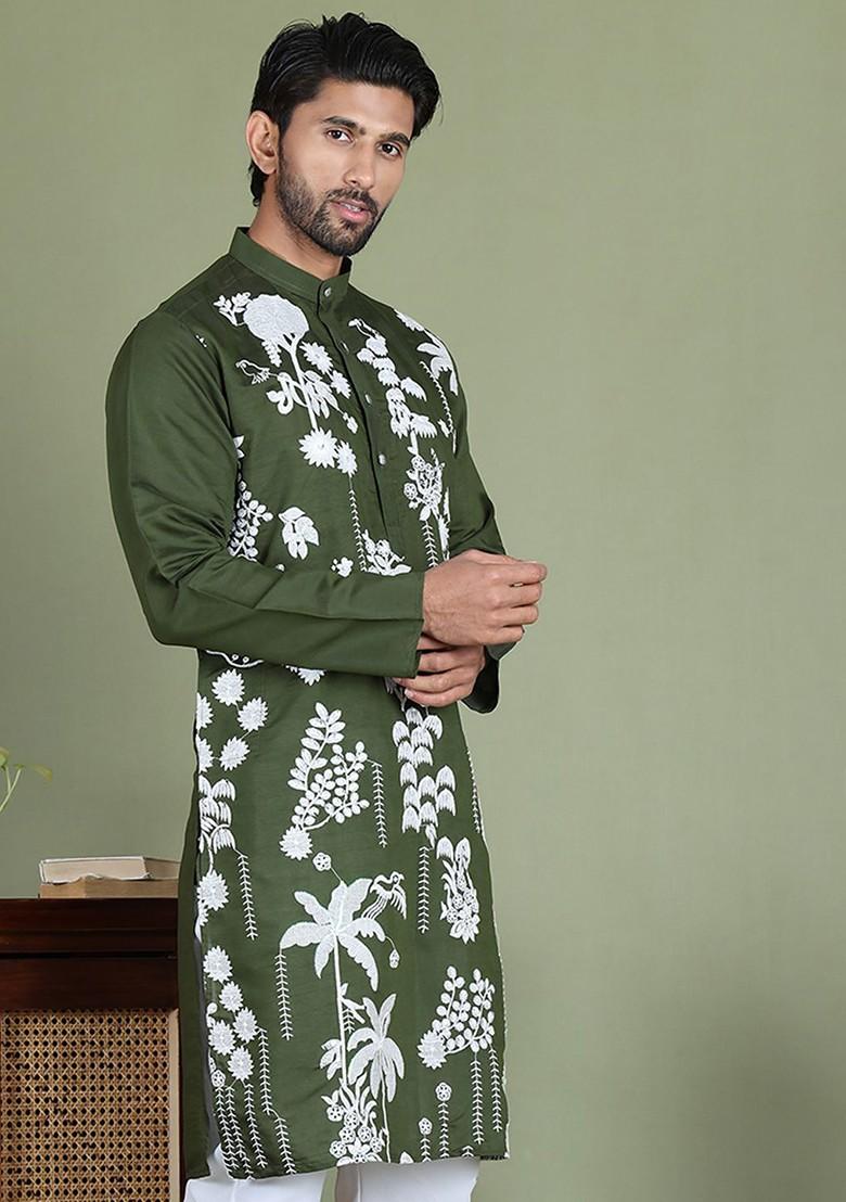 Olive Embroidered Poly Blend Kurta For Men