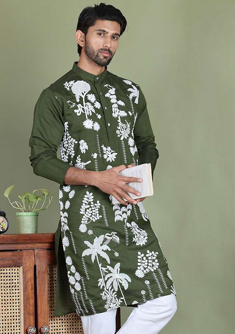 Olive Embroidered Poly Blend Kurta For Men - Indya