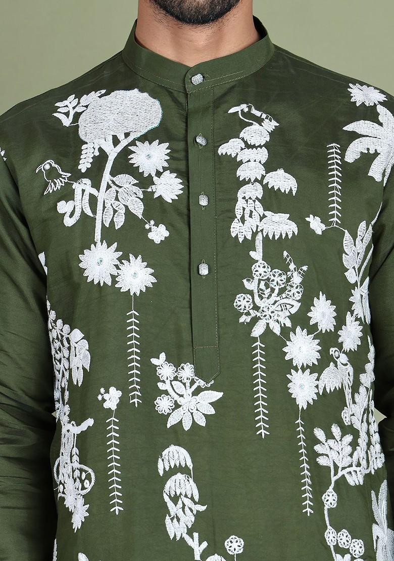 Olive Embroidered Poly Blend Kurta For Men