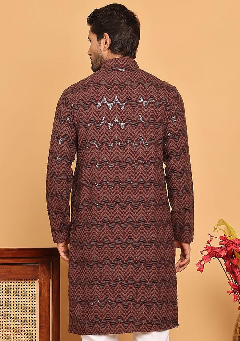 Coffee Brown Printed Poly Blend Kurta For Men