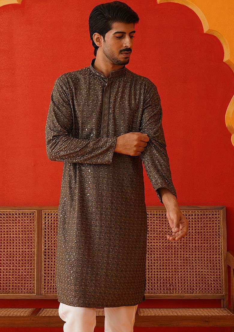 Grey Embroidered Poly Blend Kurta For Men - Indya