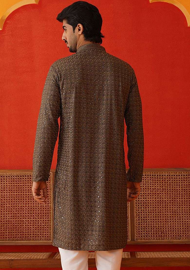 Grey Embroidered Poly Blend Kurta For Men - Indya