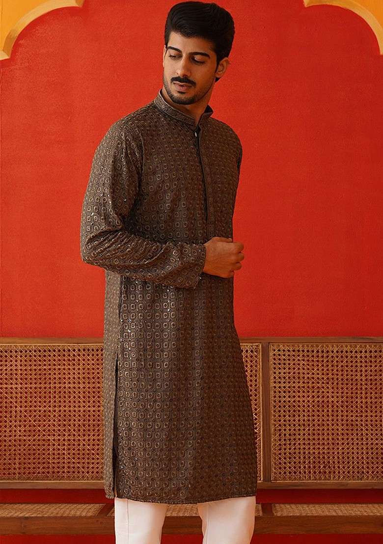 Grey Embroidered Poly Blend Kurta For Men - Indya