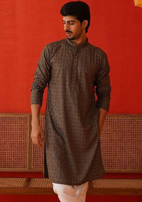 Grey Embroidered Poly Blend Kurta For Men