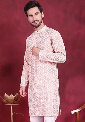 Pink Embroidered Poly Blend Kurta For Men