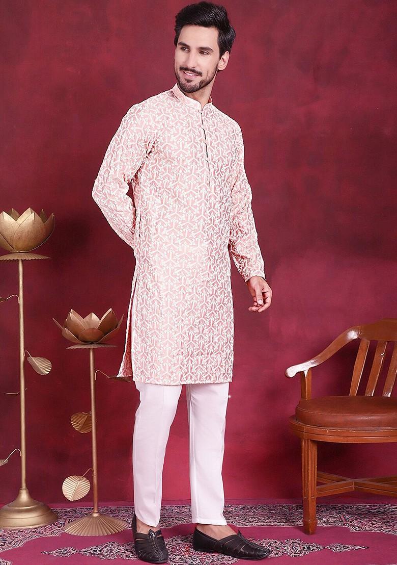 Pink Embroidered Poly Blend Kurta For Men