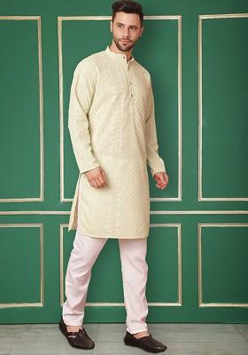 Green Ethnic Motif Poly Blend Kurta For Men