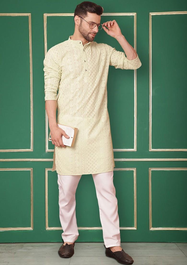 Green Ethnic Motif Poly Blend Kurta For Men