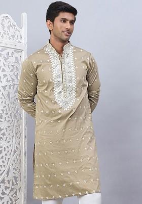 Beige Embroidered Poly Blend Kurta For Men