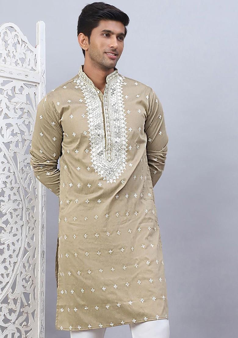 Beige Embroidered Poly Blend Kurta For Men