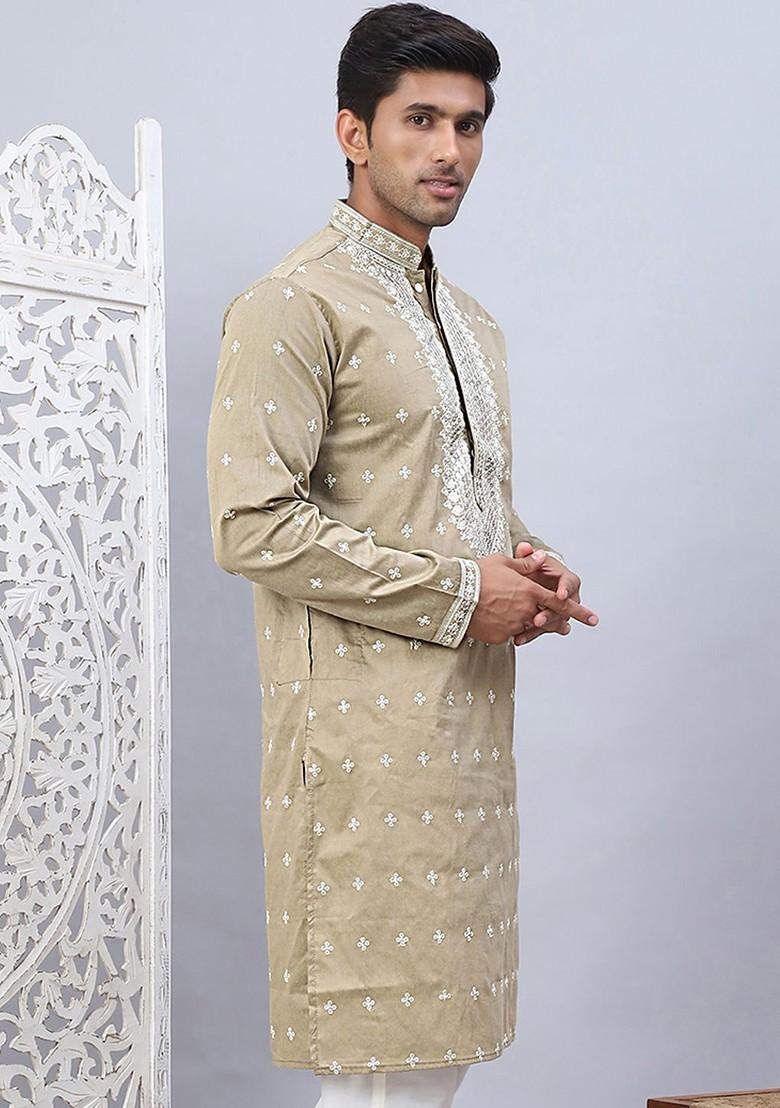 Beige Embroidered Poly Blend Kurta For Men