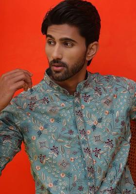 Turquoise Blue Embroidered Poly Blend Kurta For Men