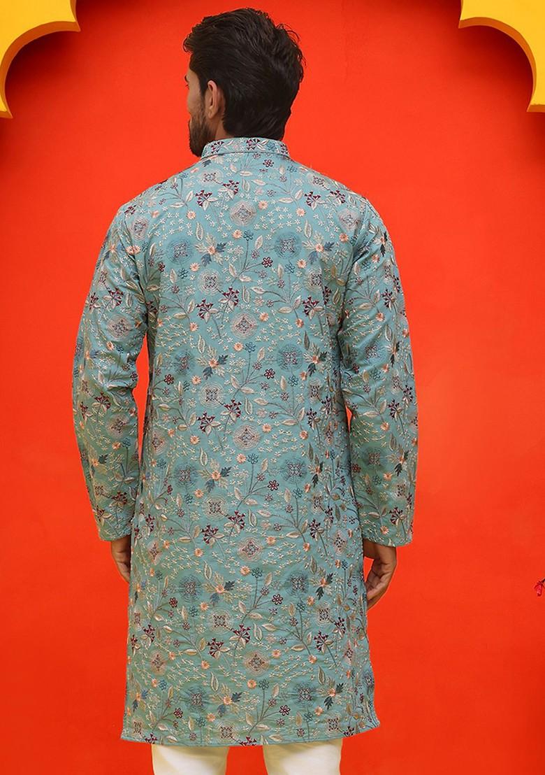 Turquoise Blue Embroidered Poly Blend Kurta For Men
