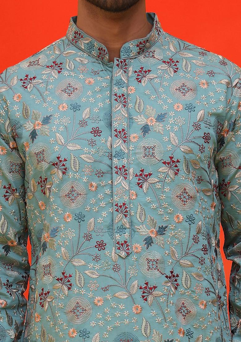 Turquoise Blue Embroidered Poly Blend Kurta For Men