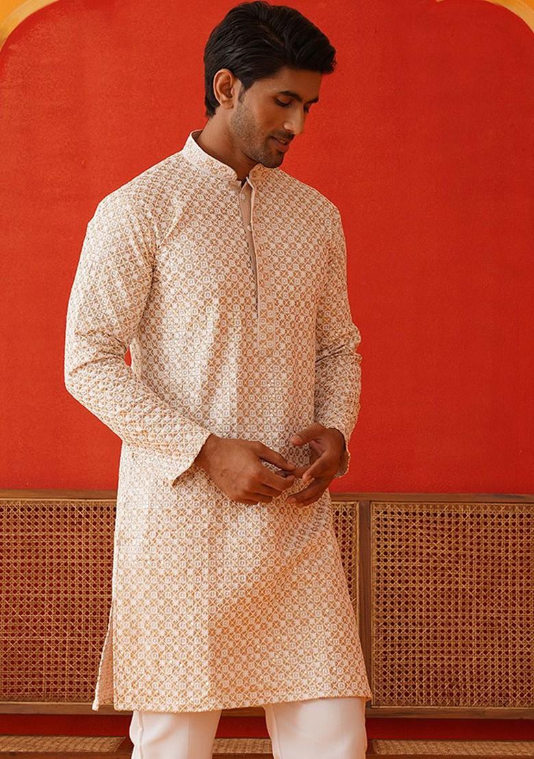 Beige Embroidered Poly Blend Kurta For Men