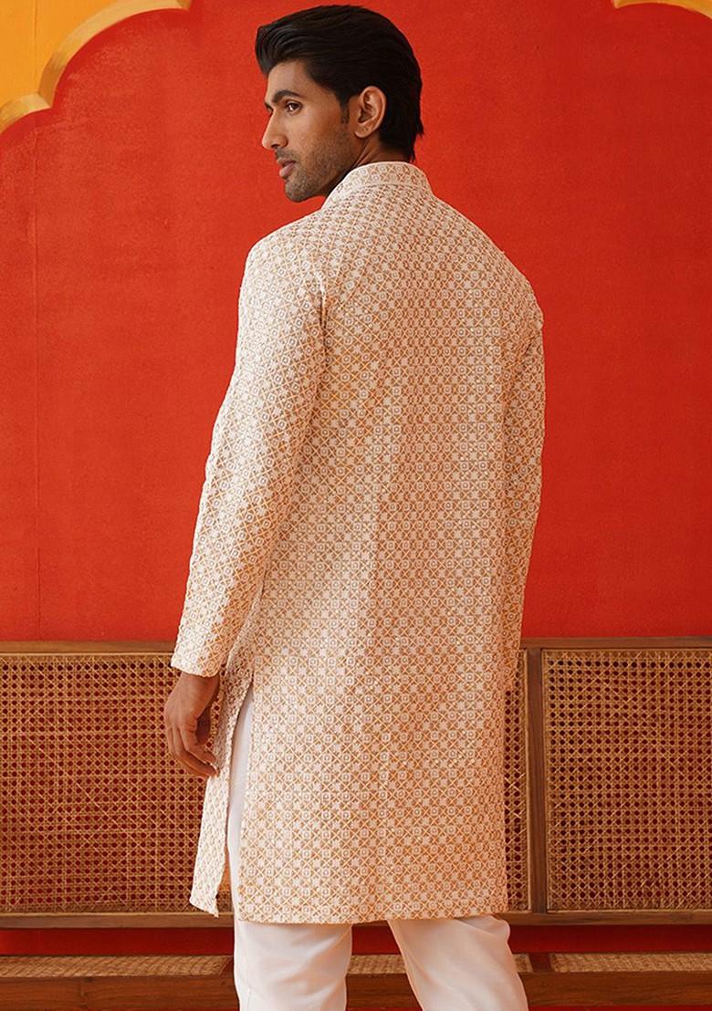 Beige Embroidered Poly Blend Kurta For Men