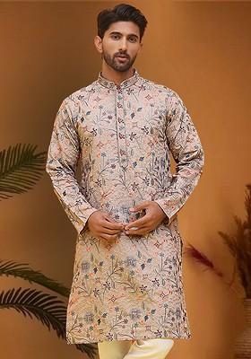 Cream Embroidered Poly Blend Kurta For Men
