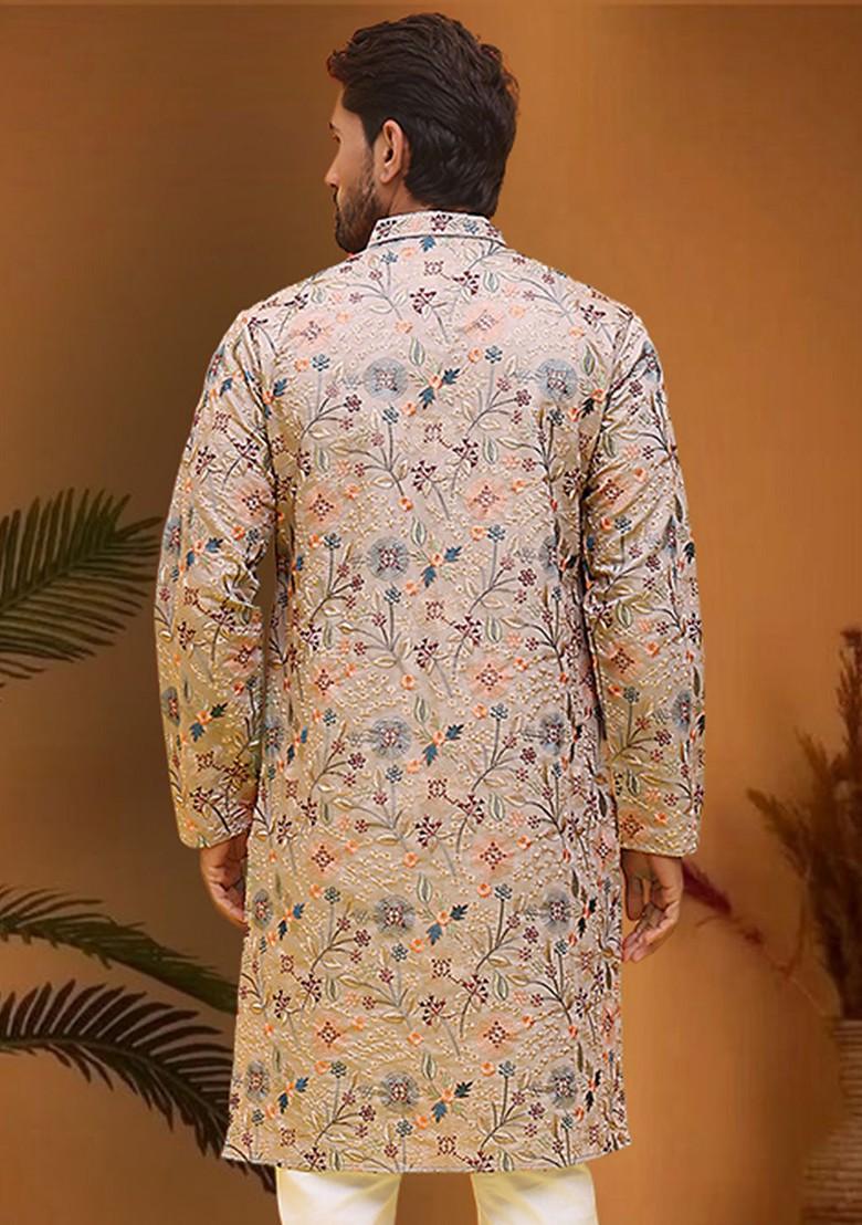 Cream Embroidered Poly Blend Kurta For Men
