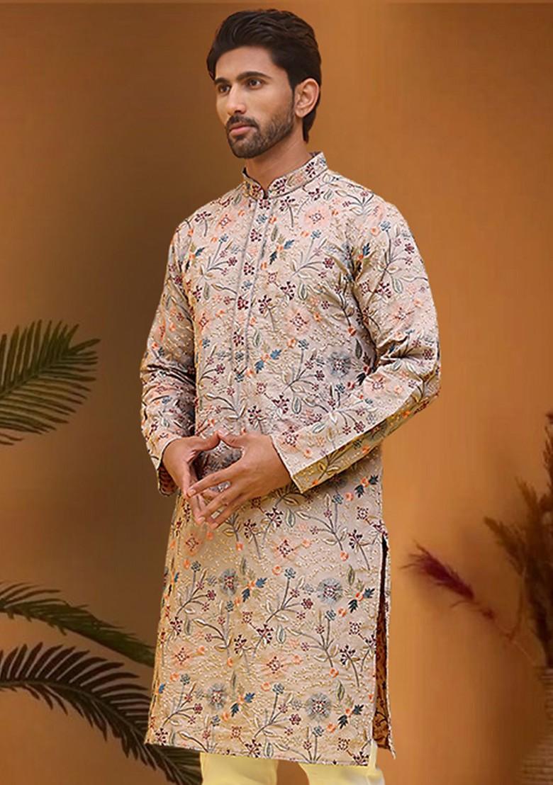 Cream Embroidered Poly Blend Kurta For Men