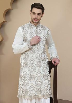 White Embroidered Poly Blend Kurta For Men