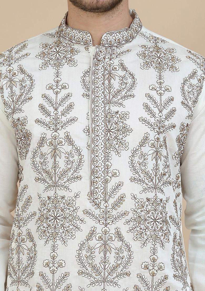 White Embroidered Poly Blend Kurta For Men