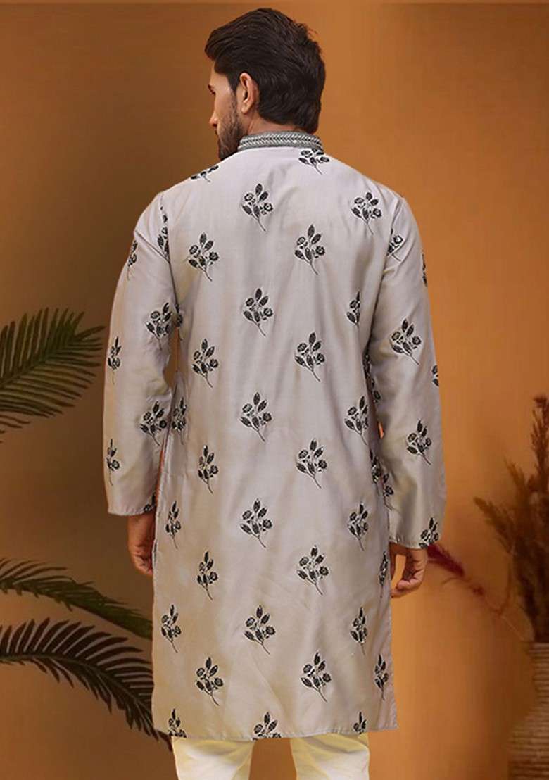 Grey Embroidered Poly Blend Kurta For Men - Indya