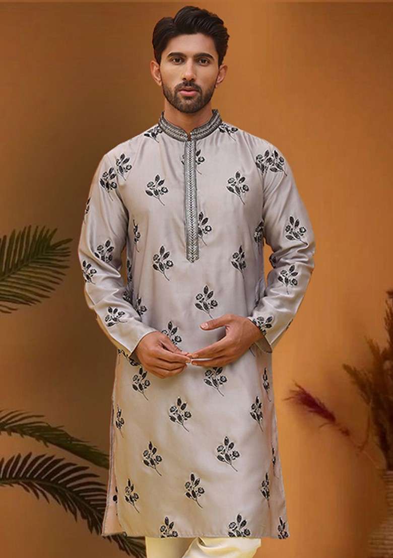Grey Embroidered Poly Blend Kurta For Men - Indya