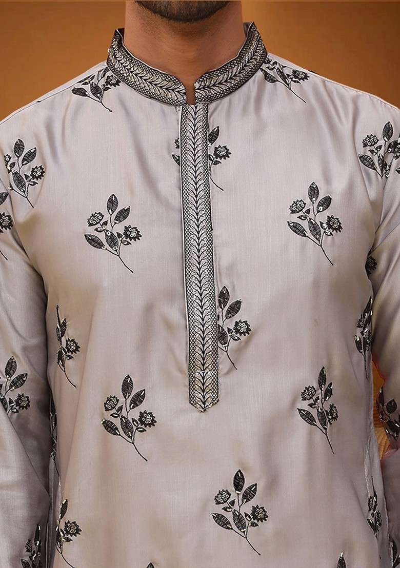 Grey Embroidered Poly Blend Kurta For Men - Indya