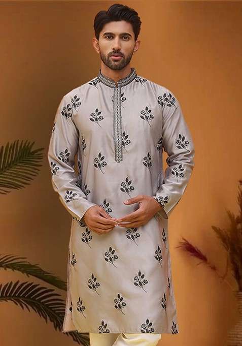 Grey Embroidered Poly Blend Kurta For Men