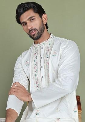 White Embroidered Poly Blend Kurta For Men