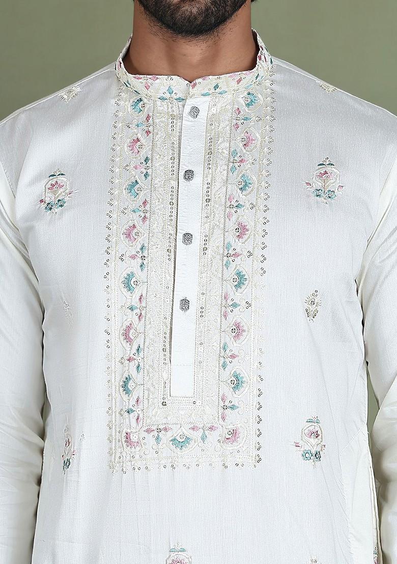 White Embroidered Poly Blend Kurta For Men
