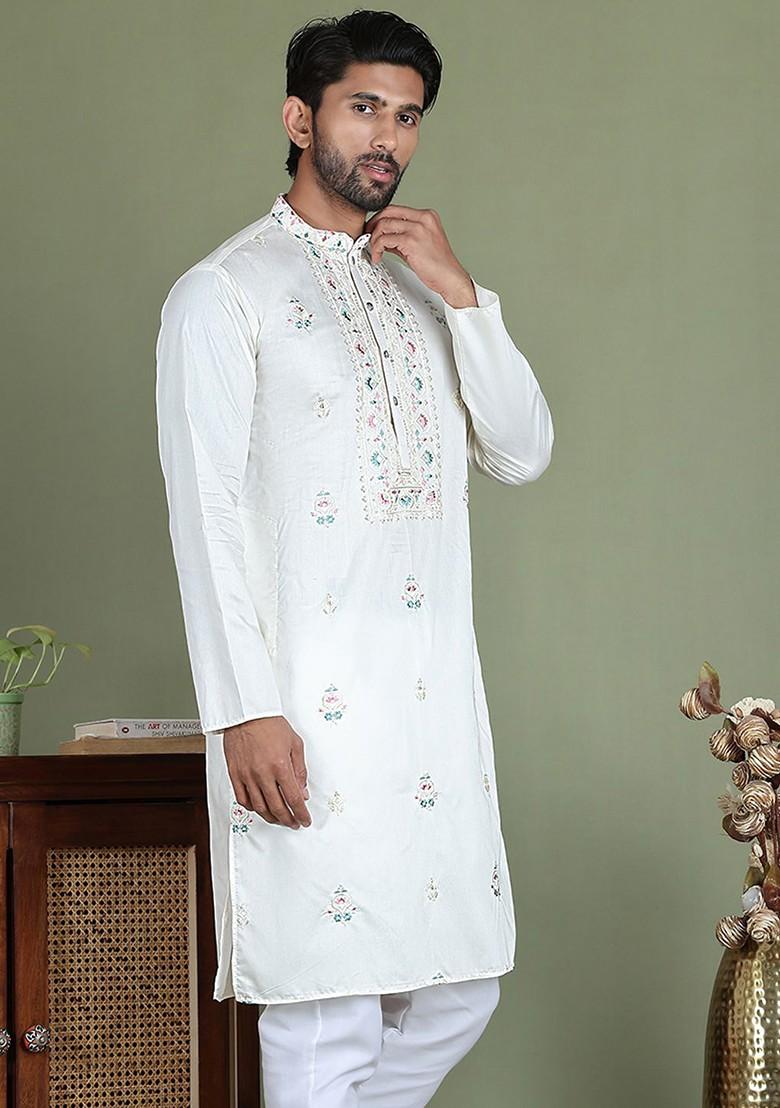 White Embroidered Poly Blend Kurta For Men