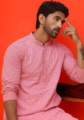 Magenta Embroidered Poly Blend Kurta For Men